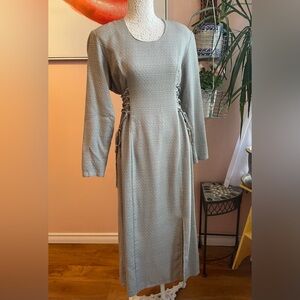Vintage 90s Sage Green & Beige Sheath Dress, Dolman Sleeves, Lace-up Sides